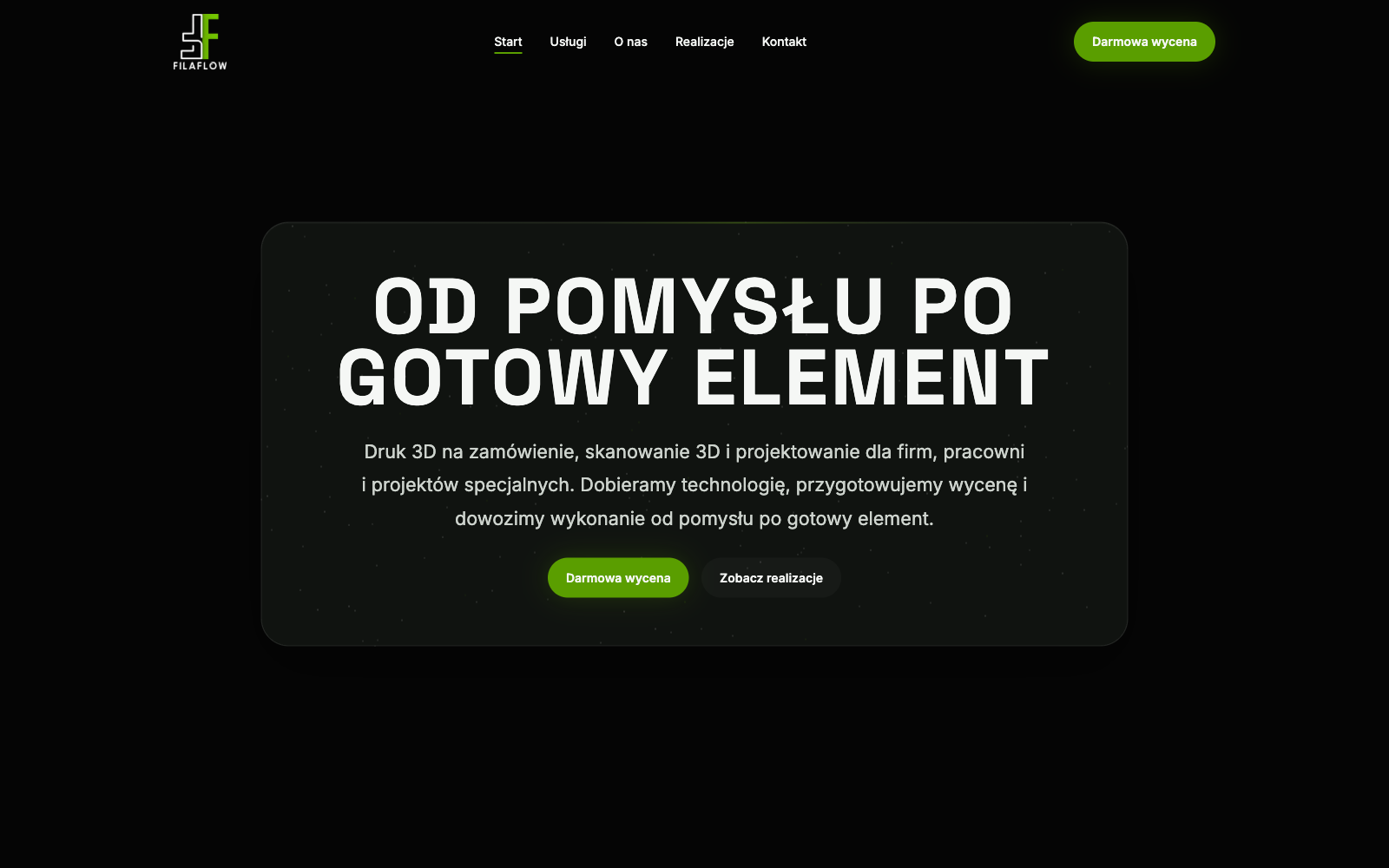 Zrzut ekranu strony FILAFLOW - druk 3D, skanowanie 3D i projektowanie techniczne