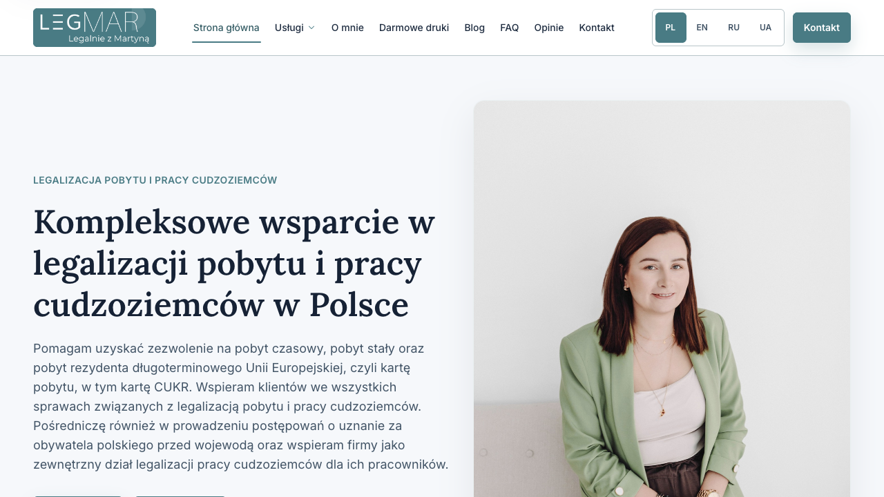 Zrzut ekranu strony Legmar — legalizacja pobytu i pracy cudzoziemców w Polsce