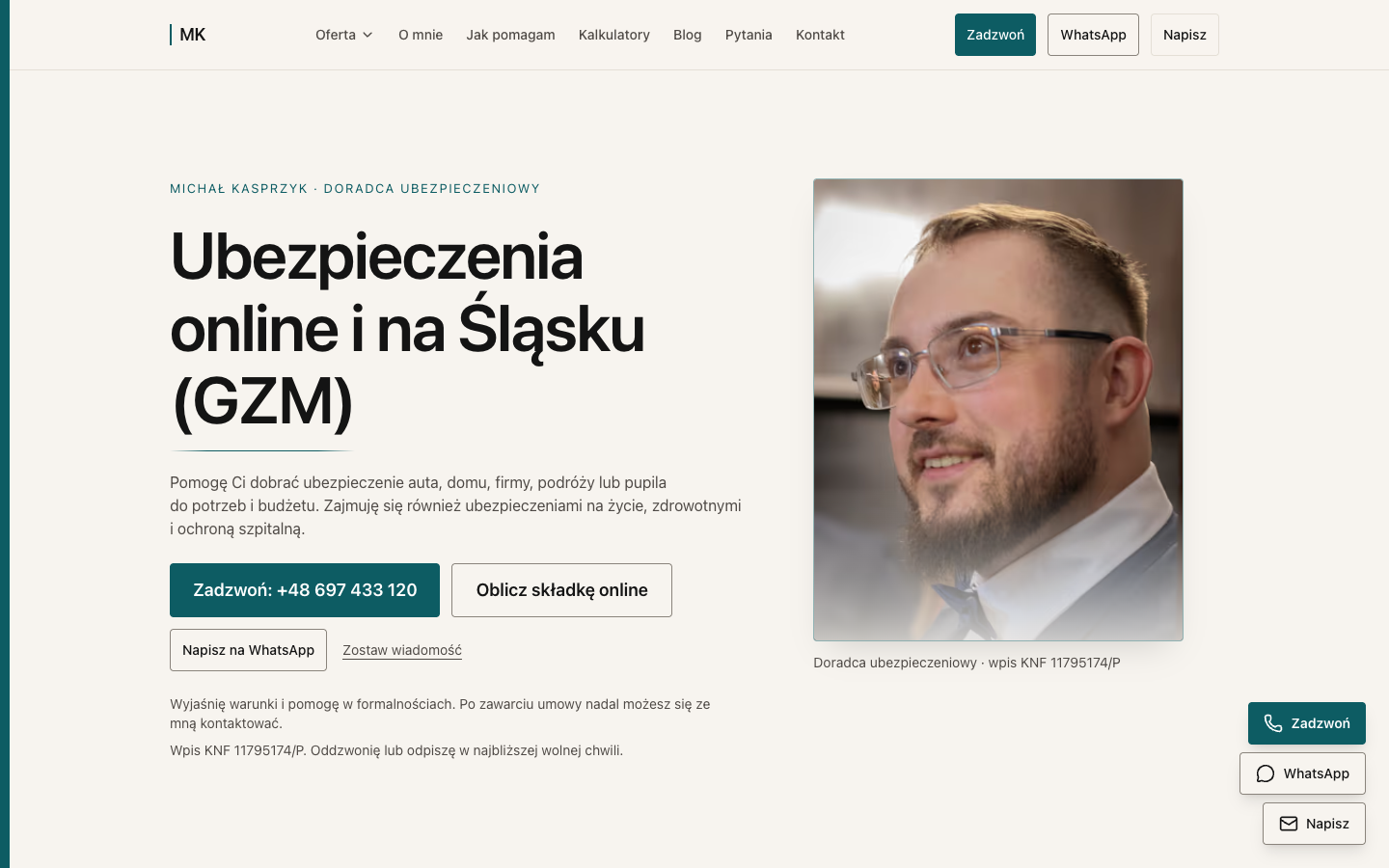 Zrzut ekranu strony Michała Kasprzyka — ubezpieczenia online i na Śląsku (GZM)