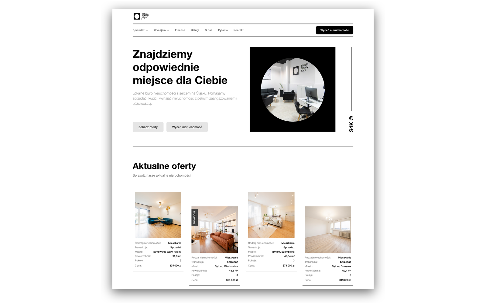 Zrzut ekranu strony Silesia Cztery Kąty - biuro nieruchomości w Tarnowskich Górach