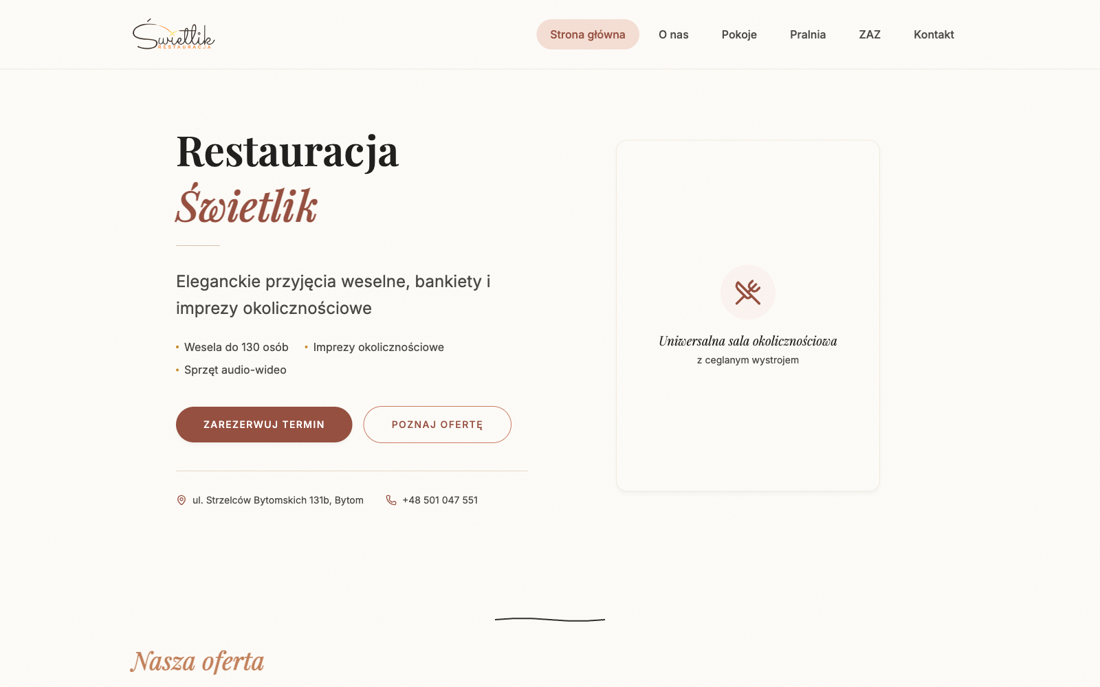 Zrzut ekranu strony Restauracja Świetlik Bytom